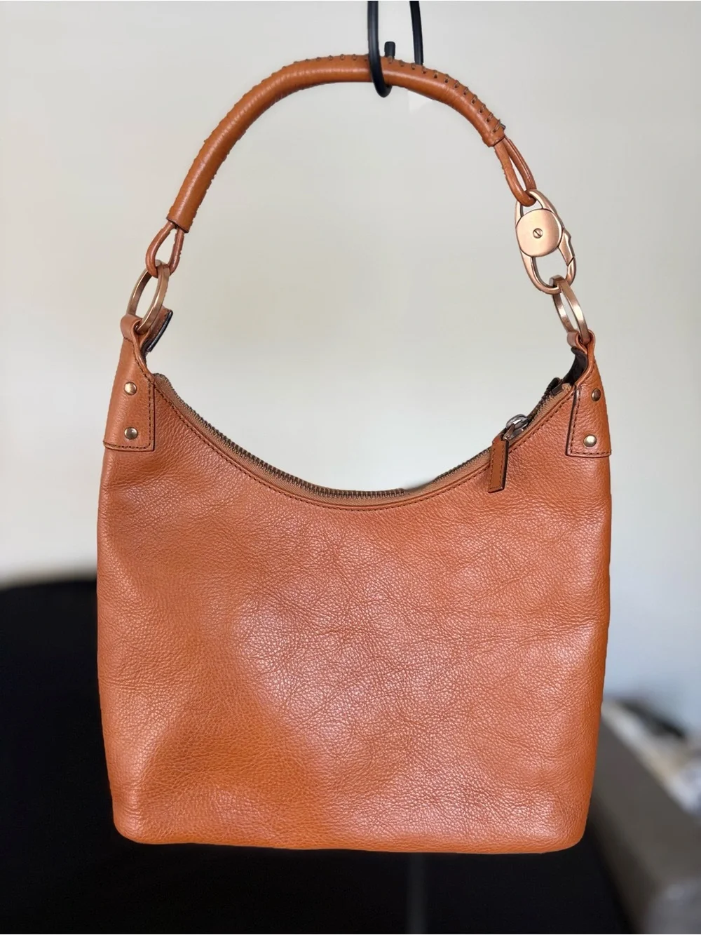 Vintage Gucci GG Ring Handle Small Hobo Bag Tan Leather Y2K